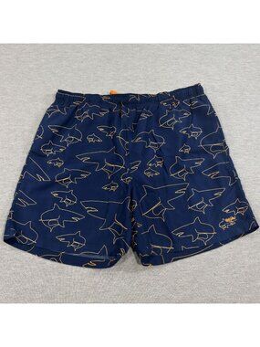 Shark Print Swim Trunks Mossimo Mens Size L Navy Blue Orange Pockets Drawstring
